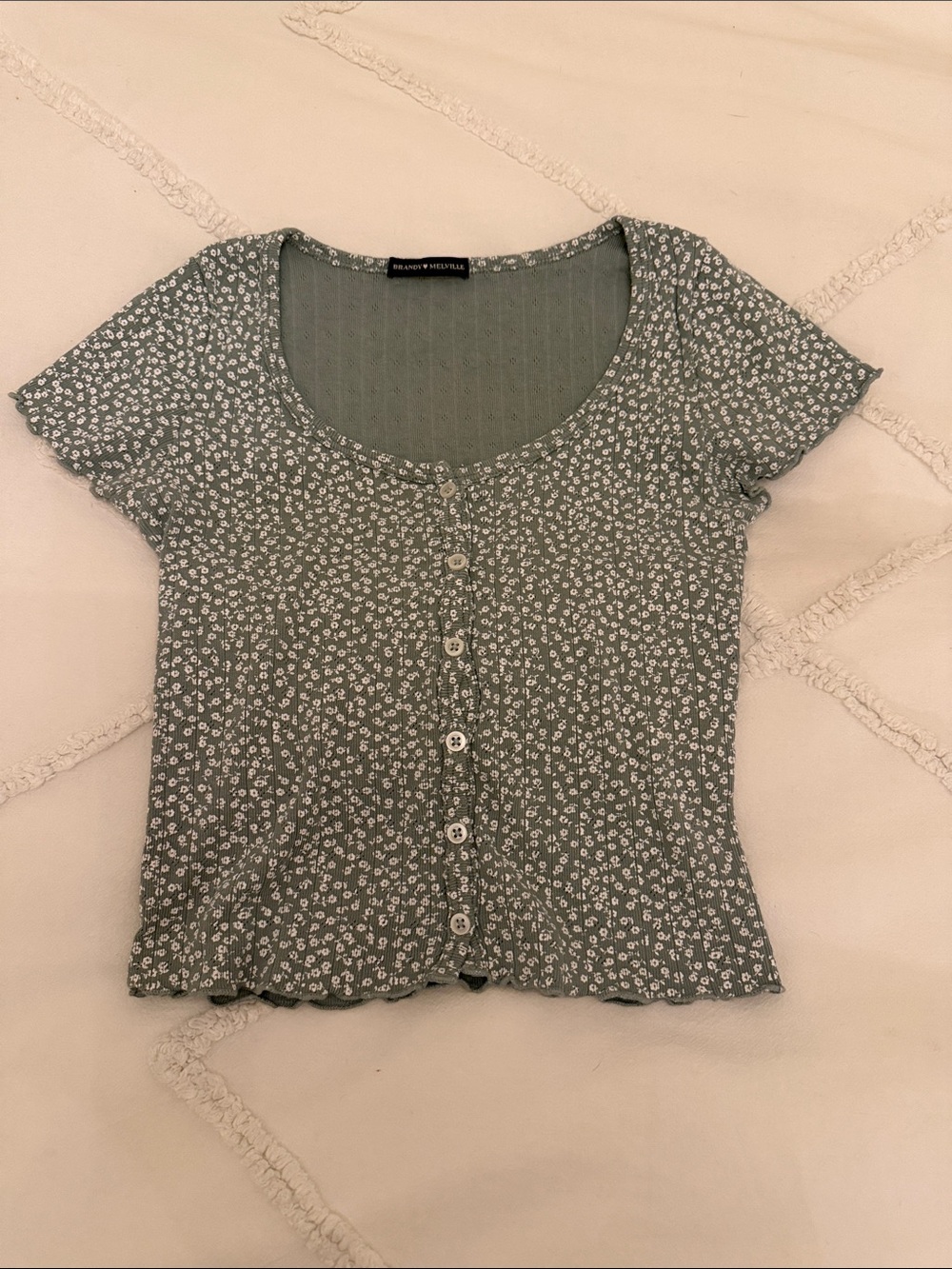 Brandy Melville Sage Green Floral Button-Front Crop Top
